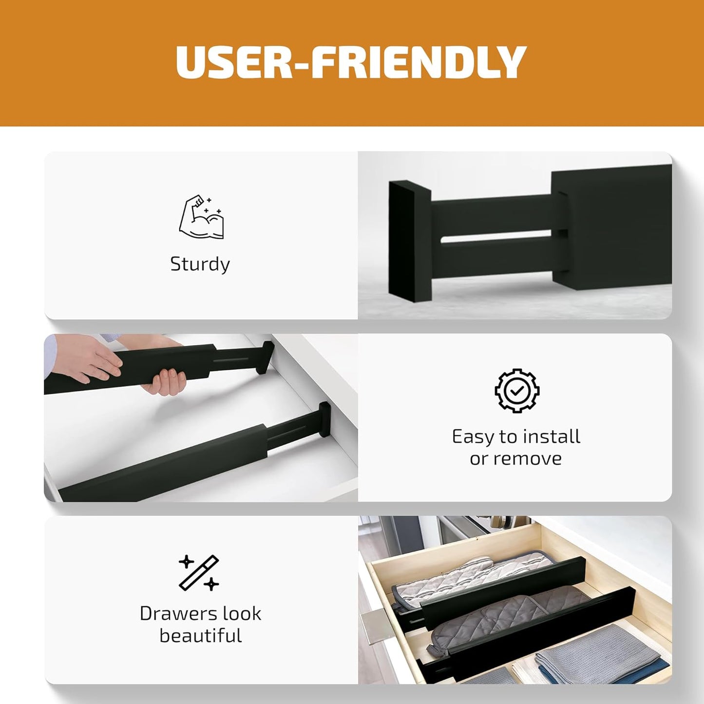 Drawer Dividers 6 Pack – Bamboo Adjustable Drawer Organizer with Lock, Non-Slip Pads – Expandable 11" to 17" – for Kitchen, Dresser, Bathroom, Office – Natural Bamboo Storage Separators