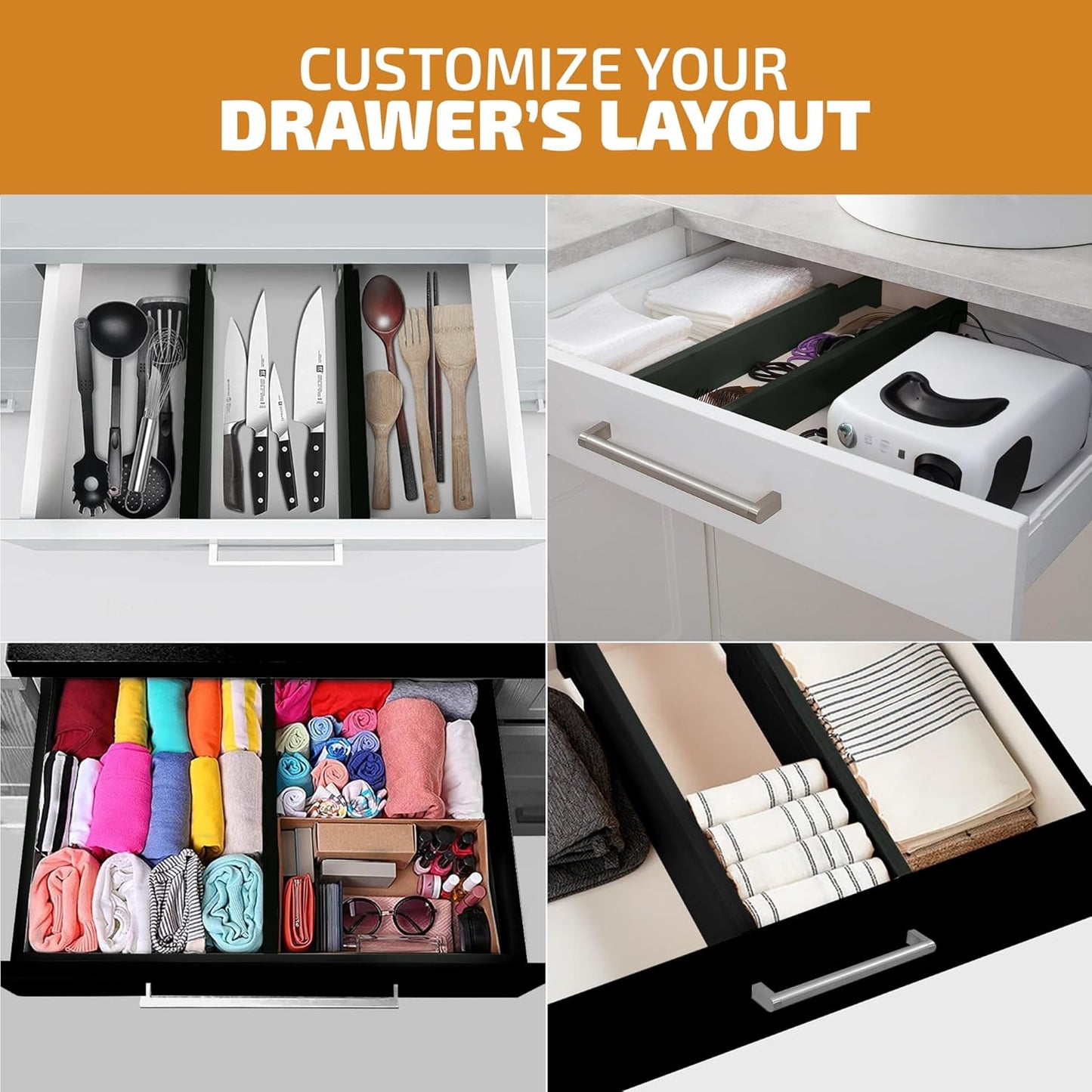 Drawer Dividers 6 Pack – Bamboo Adjustable Drawer Organizer with Lock, Non-Slip Pads – Expandable 11" to 17" – for Kitchen, Dresser, Bathroom, Office – Natural Bamboo Storage Separators